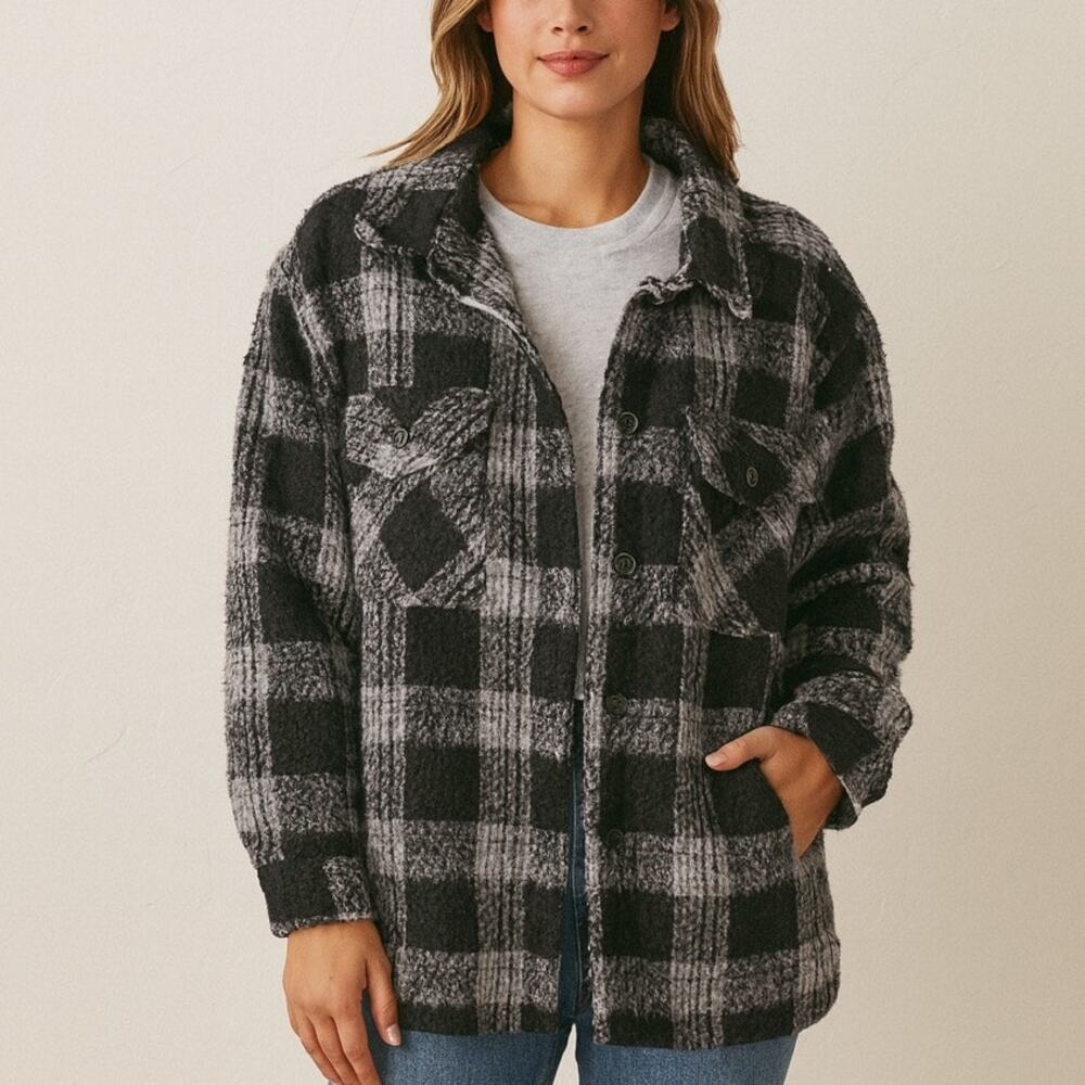 Thread & Supply Plaid Polar Fleece Jacekt Black Ivory